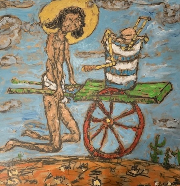 Eion Shanks|  Christ  puhsing the Le-Makers cart | McAtamney Gallery and Design Store | Geraldine NZ